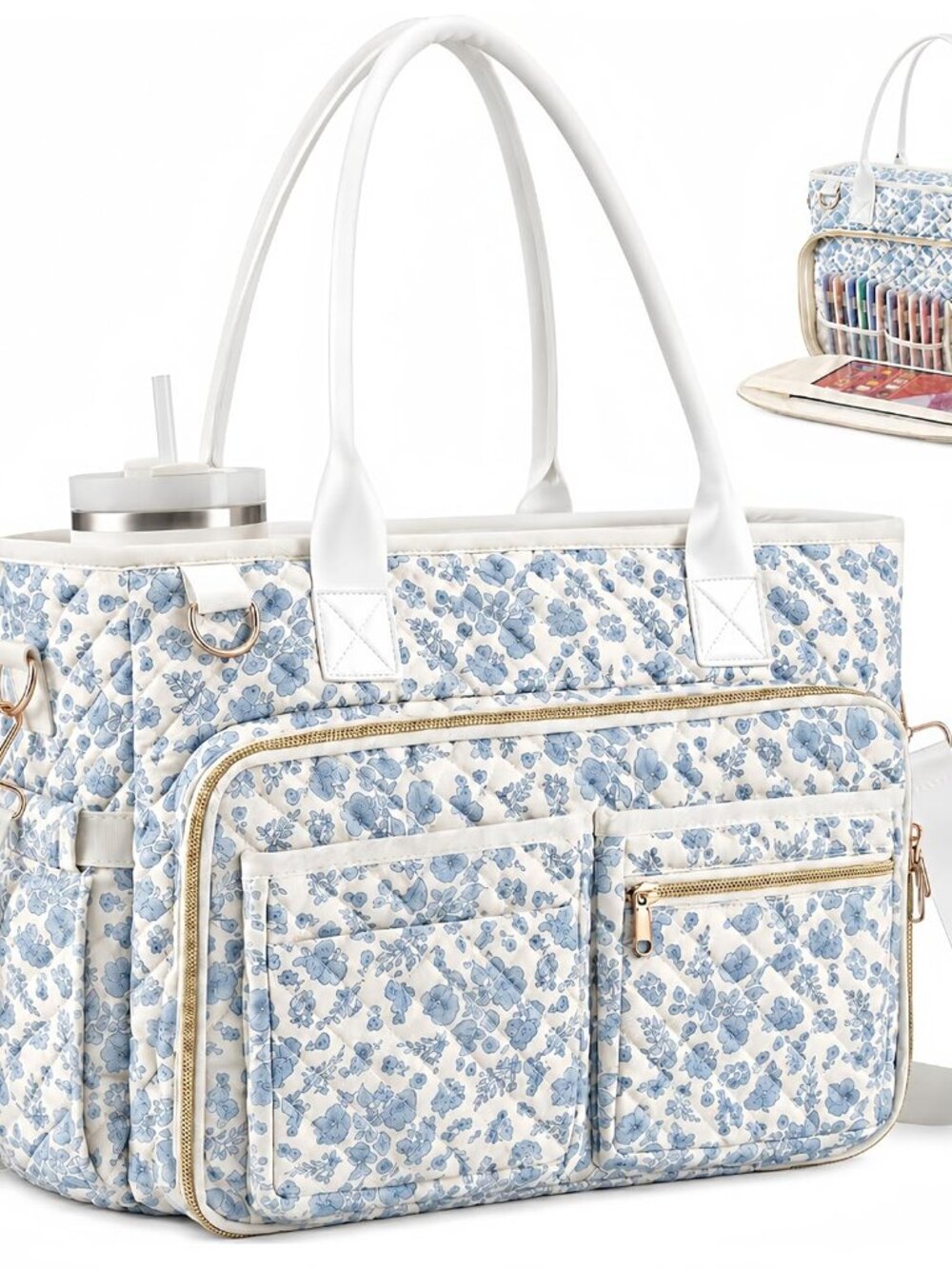 Quilted Floral Teacher Tote Bag for Women, 15.6" Laptop Work Bag